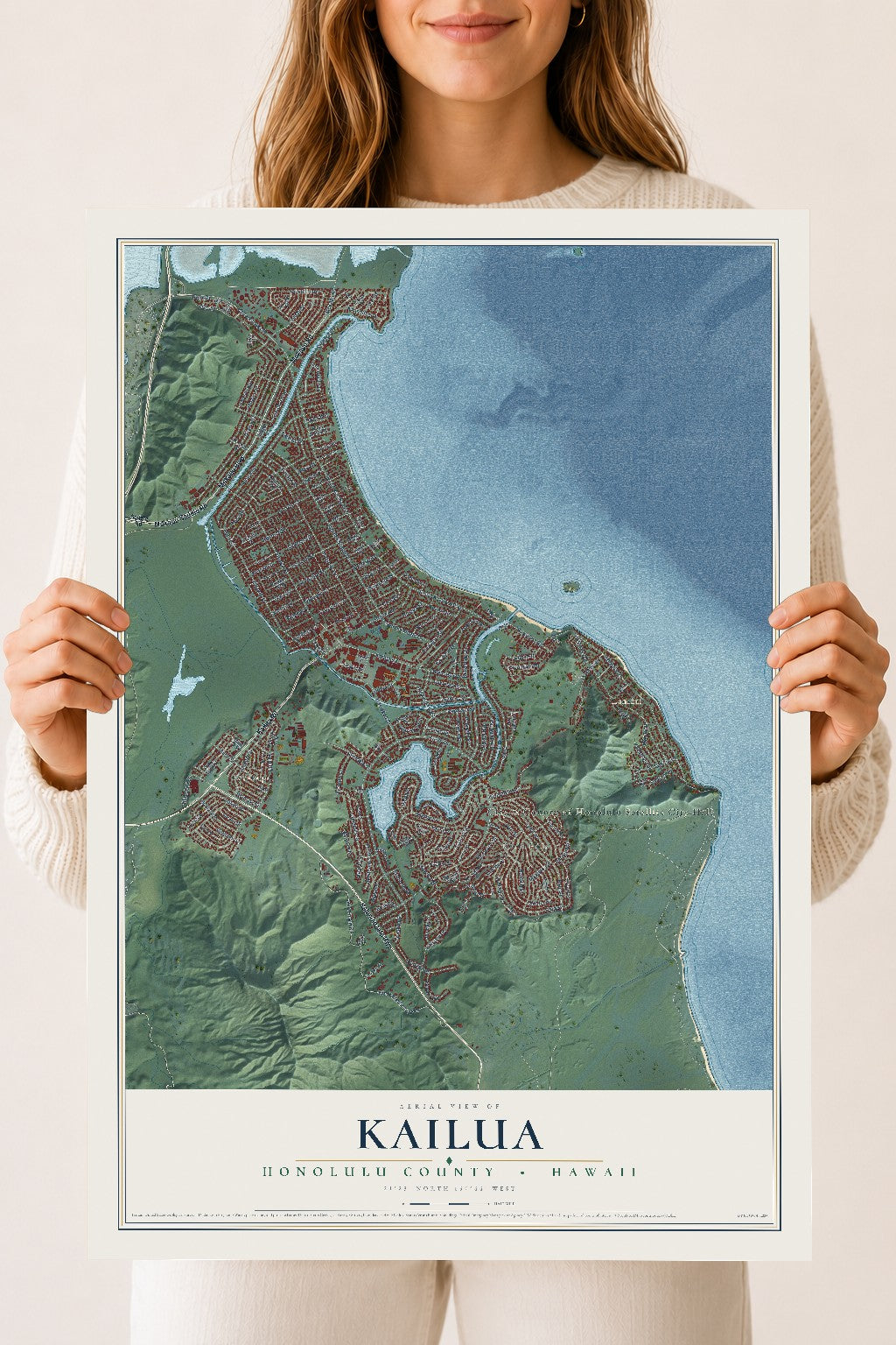 Map of Kailua, Hawaii, 18 x 24 inch unframed archival matte print