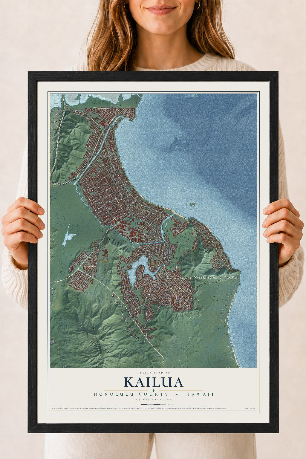 Map of Kailua, Hawaii, 18 x 24 inch print in a black wood frame