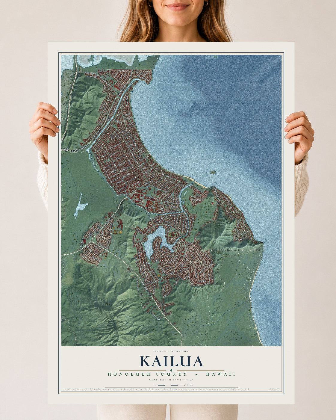 Map of Kailua, Hawaii, 24 x 36 inch unframed archival matte print