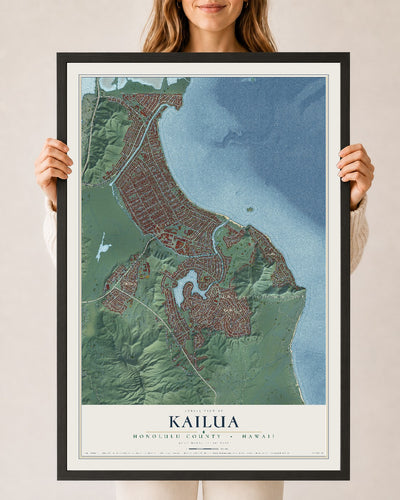 Map of Kailua, Hawaii, 24 x 36 inch print in a black wood frame