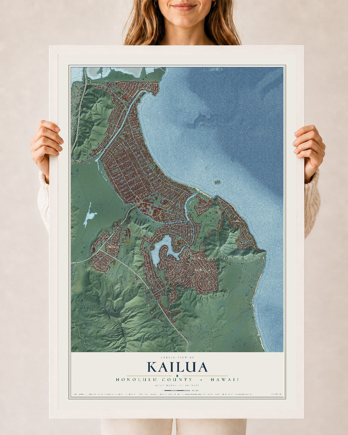 Map of Kailua, Hawaii, 24 x 36 inch print in a white wood frame