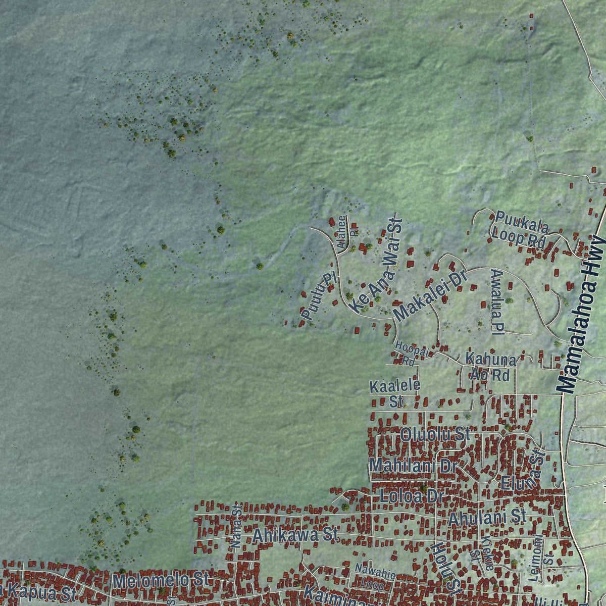 Second close-up of the map of Kaiminani, Hawaii print showing more streets and buildings
