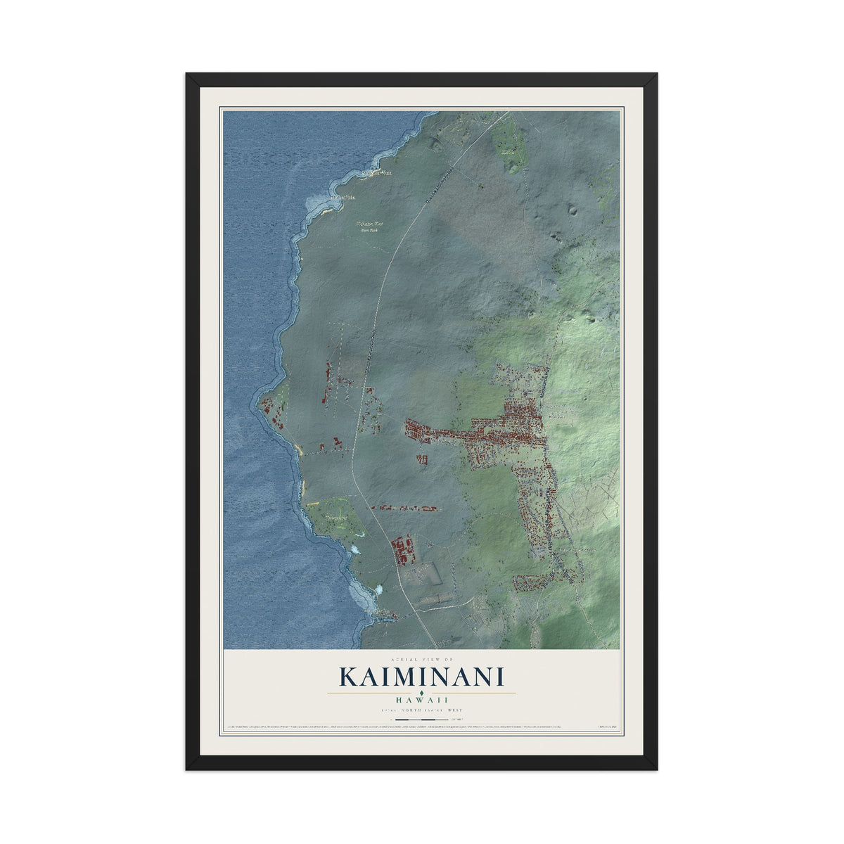 Map of Kaiminani, Hawaii, 12 x 18 inch print in a black wood frame