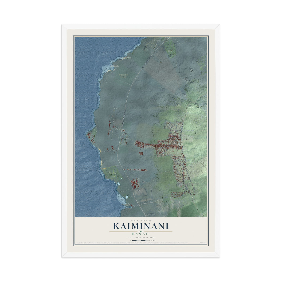 Map of Kaiminani, Hawaii, 12 x 18 inch print in a white wood frame