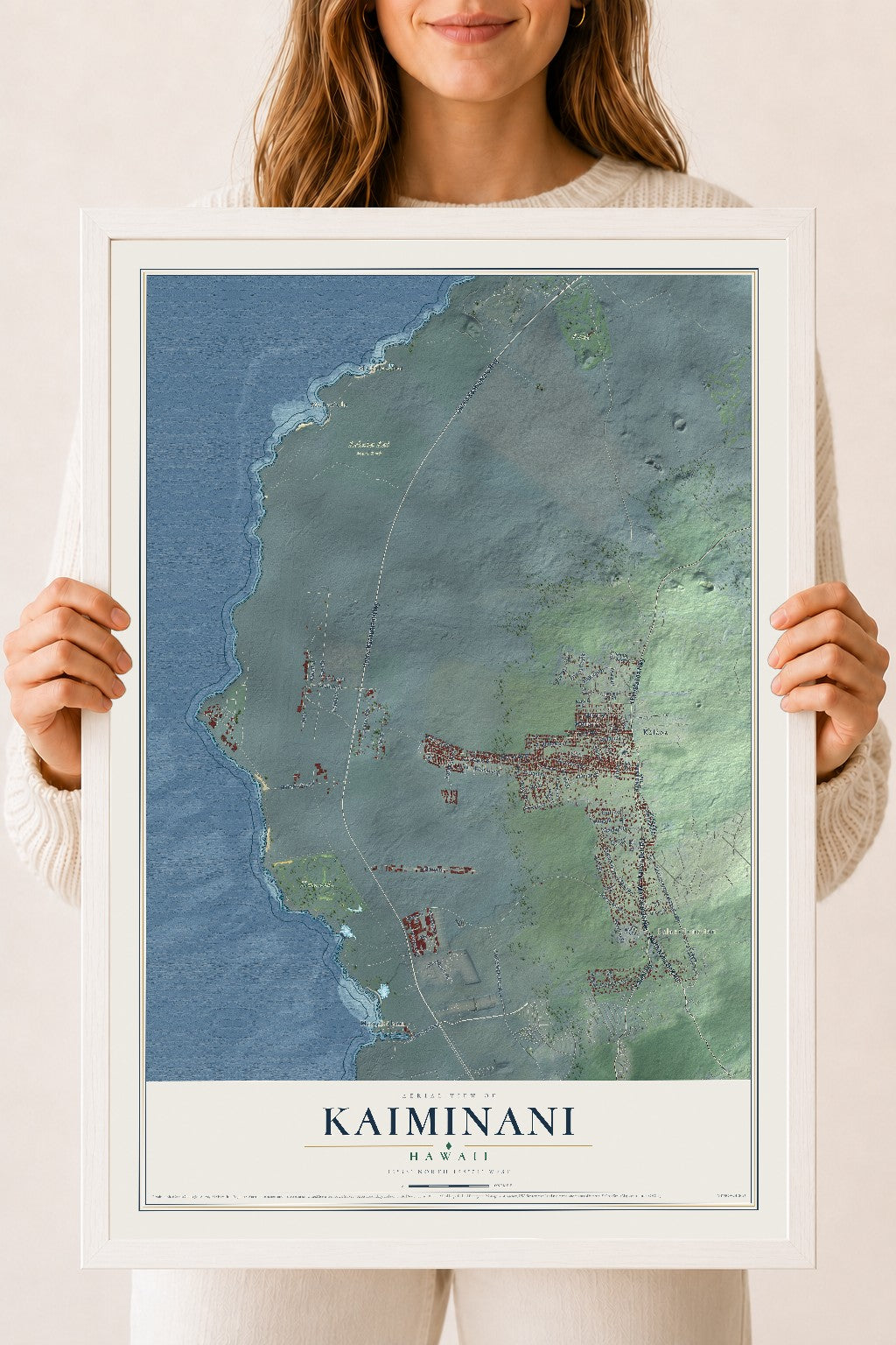 Map of Kaiminani, Hawaii, 18 x 24 inch print in a white wood frame