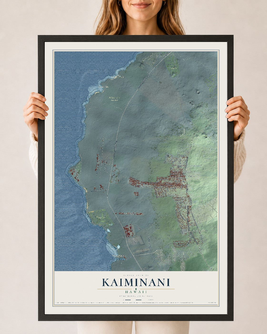 Map of Kaiminani, Hawaii, 24 x 36 inch print in a black wood frame