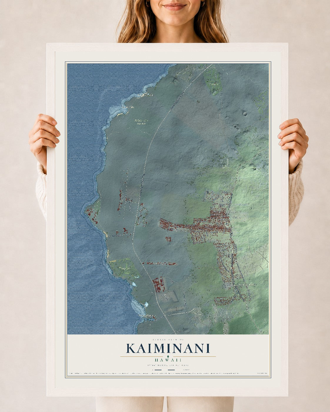 Map of Kaiminani, Hawaii, 24 x 36 inch print in a white wood frame