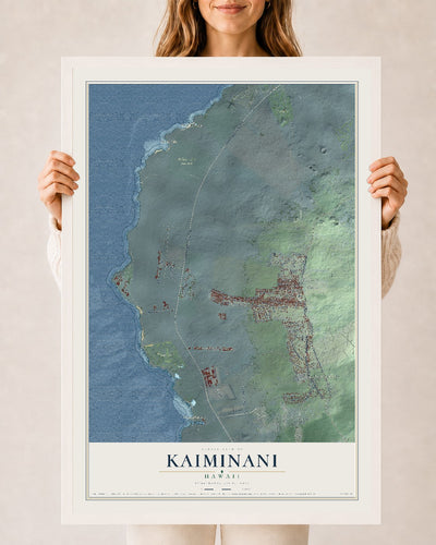 Map of Kaiminani, Hawaii, 24 x 36 inch print in a white wood frame