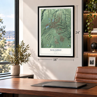 Kalaheo, Hawaii map, 18 x 24 inch print in a black frame in a home office