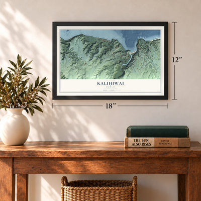 Kalihiwai, Hawaii map, 12 x 18 inch print in a black frame in an entryway