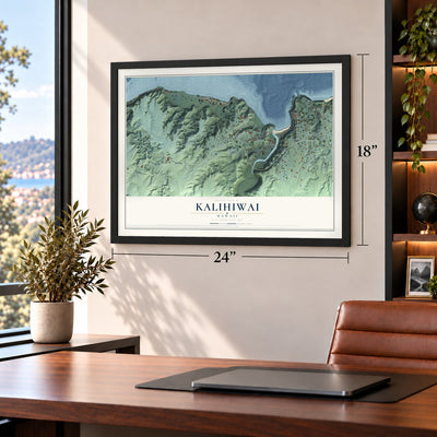 Kalihiwai, Hawaii map, 18 x 24 inch print in a black frame in a home office