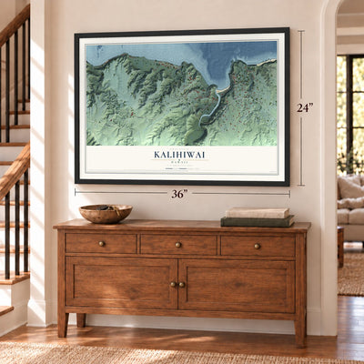 Kalihiwai, Hawaii map, 24 x 36 inch print in a black frame above a dresser by a staircase