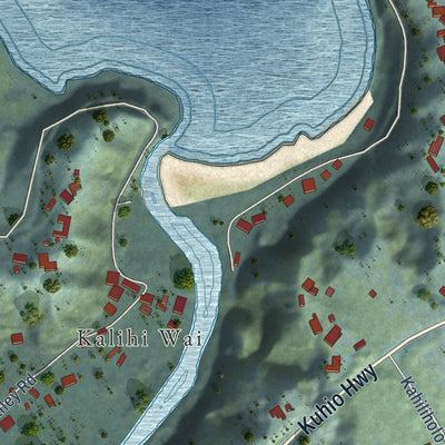 Close-up of the map of Kalihiwai, Hawaii print showing street and building detail