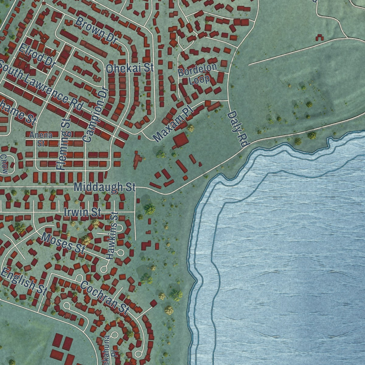 Close-up of the map of Kaneohe Base, Hawaii print showing street and building detail