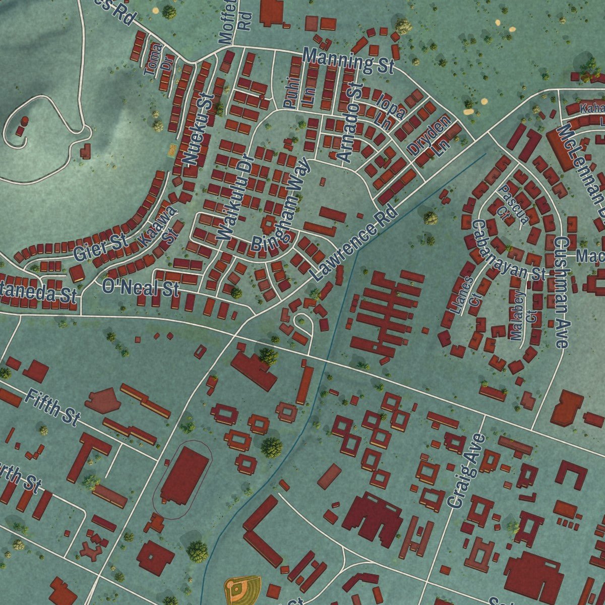 Second close-up of the map of Kaneohe Base, Hawaii print showing more streets and buildings