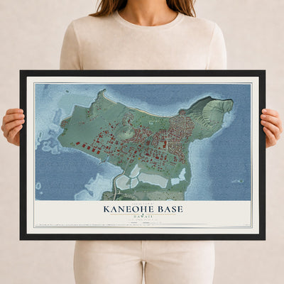 Map of Kaneohe Base, Hawaii, 12 x 18 inch print in a black wood frame
