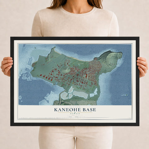 Map of Kaneohe Base, Hawaii, 12 x 18 inch print in a black wood frame