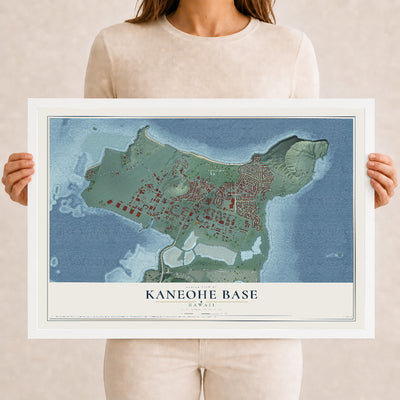 Map of Kaneohe Base, Hawaii, 12 x 18 inch print in a white wood frame