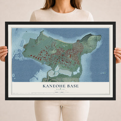 Map of Kaneohe Base, Hawaii, 18 x 24 inch print in a black wood frame