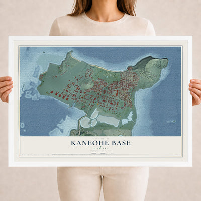 Map of Kaneohe Base, Hawaii, 18 x 24 inch print in a white wood frame