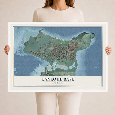 Map of Kaneohe Base, Hawaii, 24 x 36 inch print in a white wood frame
