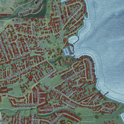 Second close-up of the map of Kaneohe, Hawaii print showing more streets and buildings