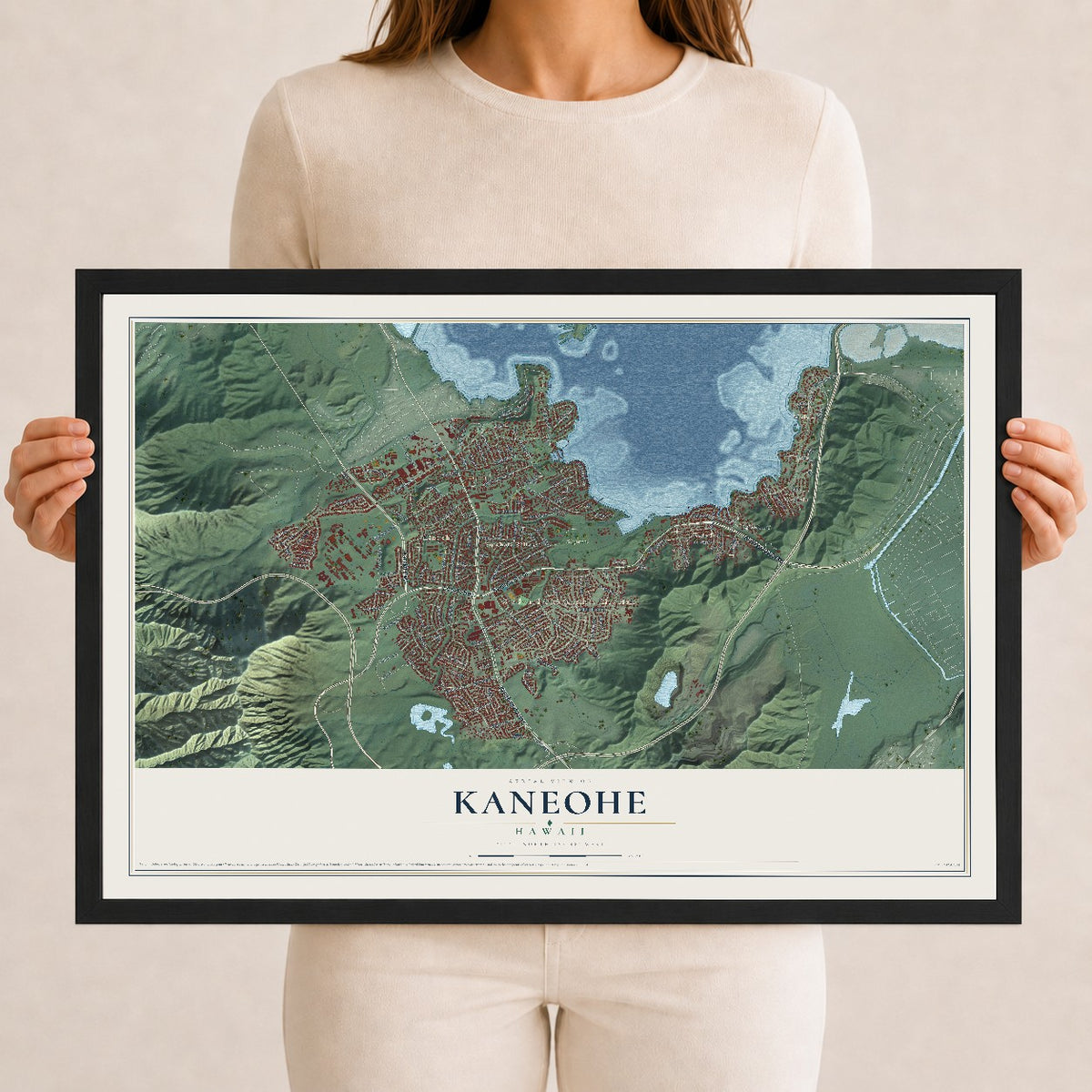 Map of Kaneohe, Hawaii, 12 x 18 inch print in a black wood frame