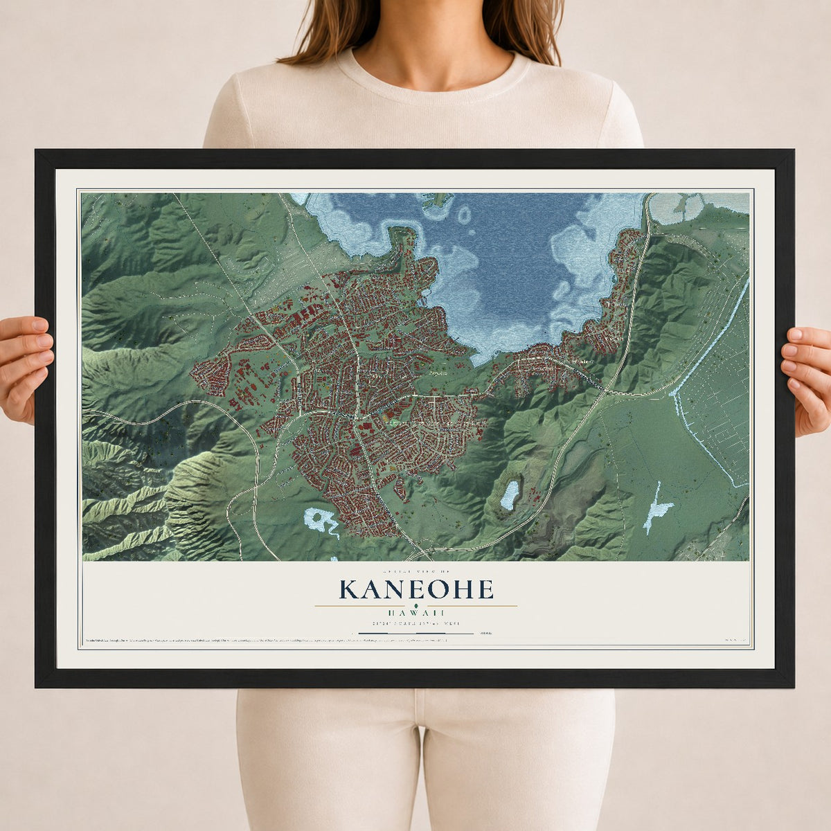 Map of Kaneohe, Hawaii, 18 x 24 inch print in a black wood frame