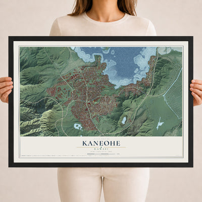 Map of Kaneohe, Hawaii, 18 x 24 inch print in a black wood frame