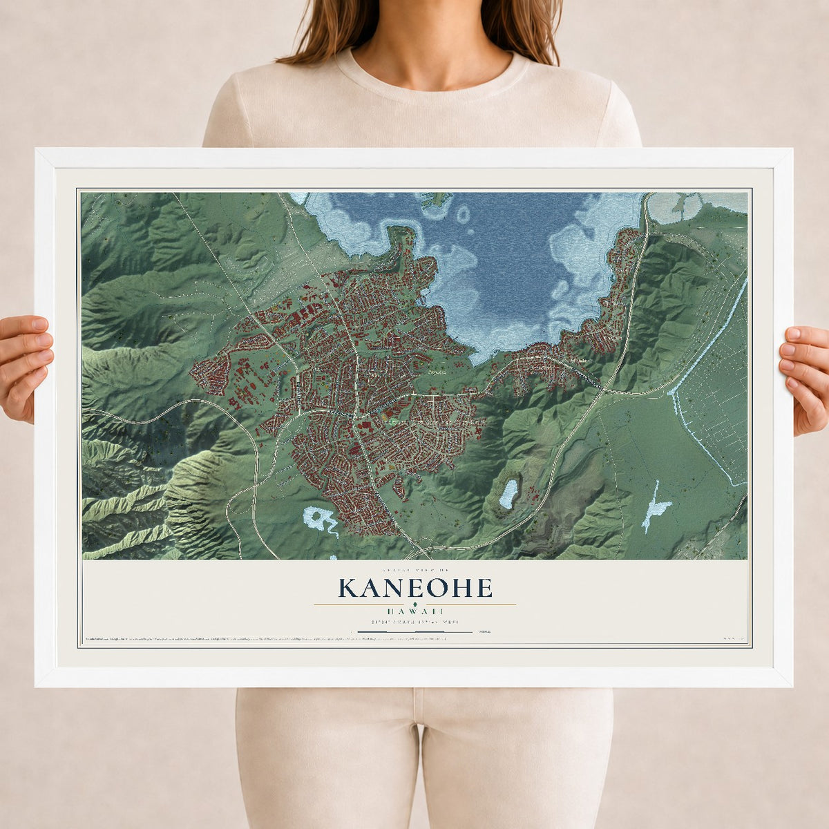 Map of Kaneohe, Hawaii, 18 x 24 inch print in a white wood frame