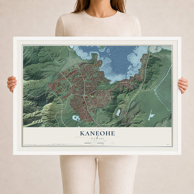 Map of Kaneohe, Hawaii, 24 x 36 inch print in a white wood frame