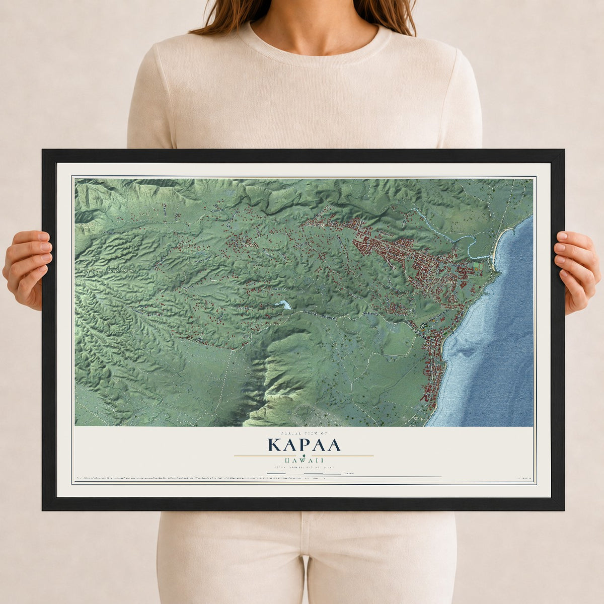 Map of Kapaa, Hawaii, 12 x 18 inch print in a black wood frame