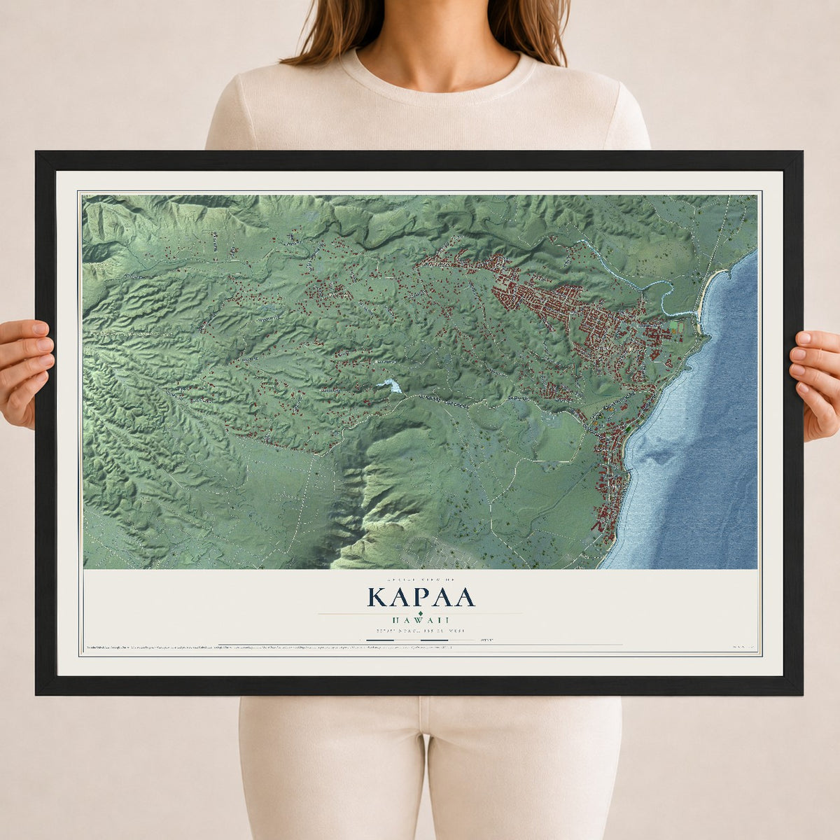 Map of Kapaa, Hawaii, 18 x 24 inch print in a black wood frame