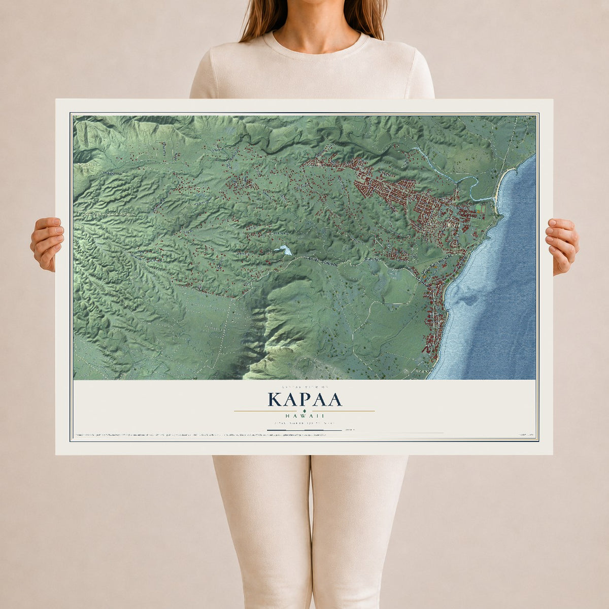 Map of Kapaa, Hawaii, 24 x 36 inch unframed archival matte print