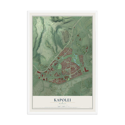 Map of Kapolei, Hawaii, 12 x 18 inch print in a white wood frame