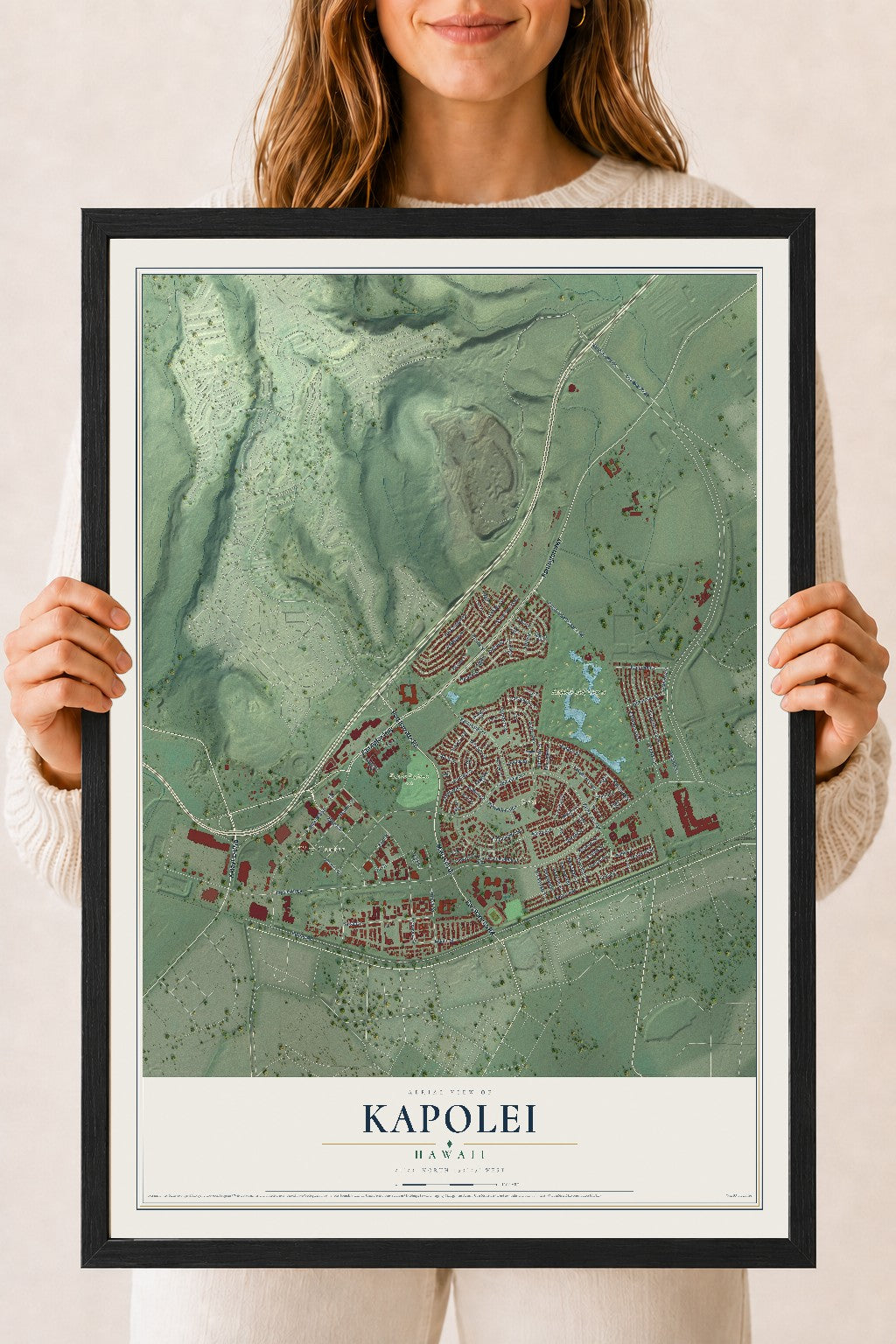 Map of Kapolei, Hawaii, 18 x 24 inch print in a black wood frame