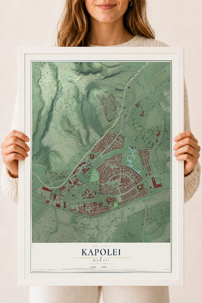 Map of Kapolei, Hawaii, 18 x 24 inch print in a white wood frame