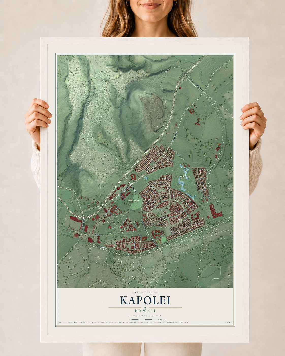 Map of Kapolei, Hawaii, 24 x 36 inch print in a white wood frame