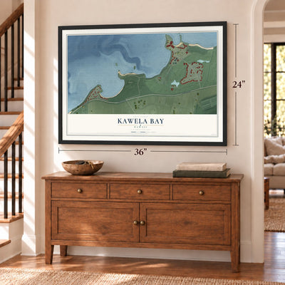 Kawela Bay, Hawaii map, 24 x 36 inch print in a black frame above a dresser by a staircase