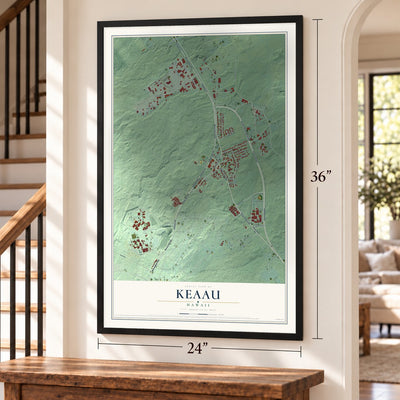 Keaau, Hawaii map, 24 x 36 inch print in a black frame by a staircase