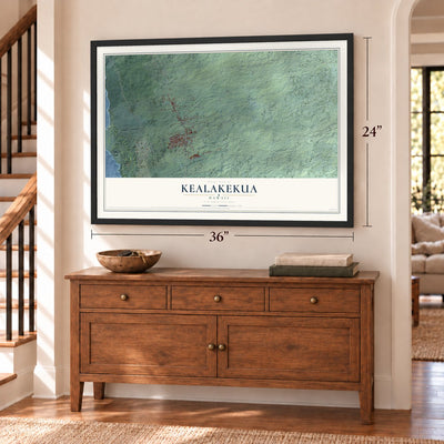 Kealakekua, Hawaii map, 24 x 36 inch print in a black frame above a dresser by a staircase