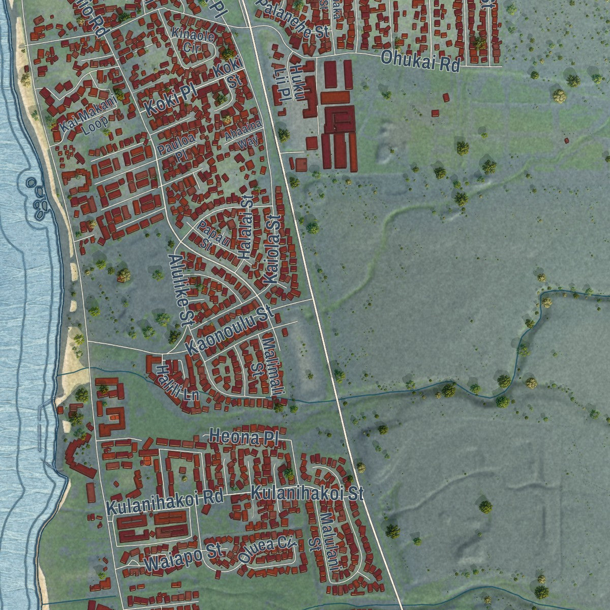 Close-up of the map of Kihei, Hawaii print showing street and building detail