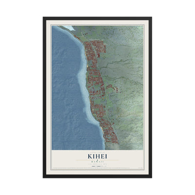 Map of Kihei, Hawaii, 12 x 18 inch print in a black wood frame
