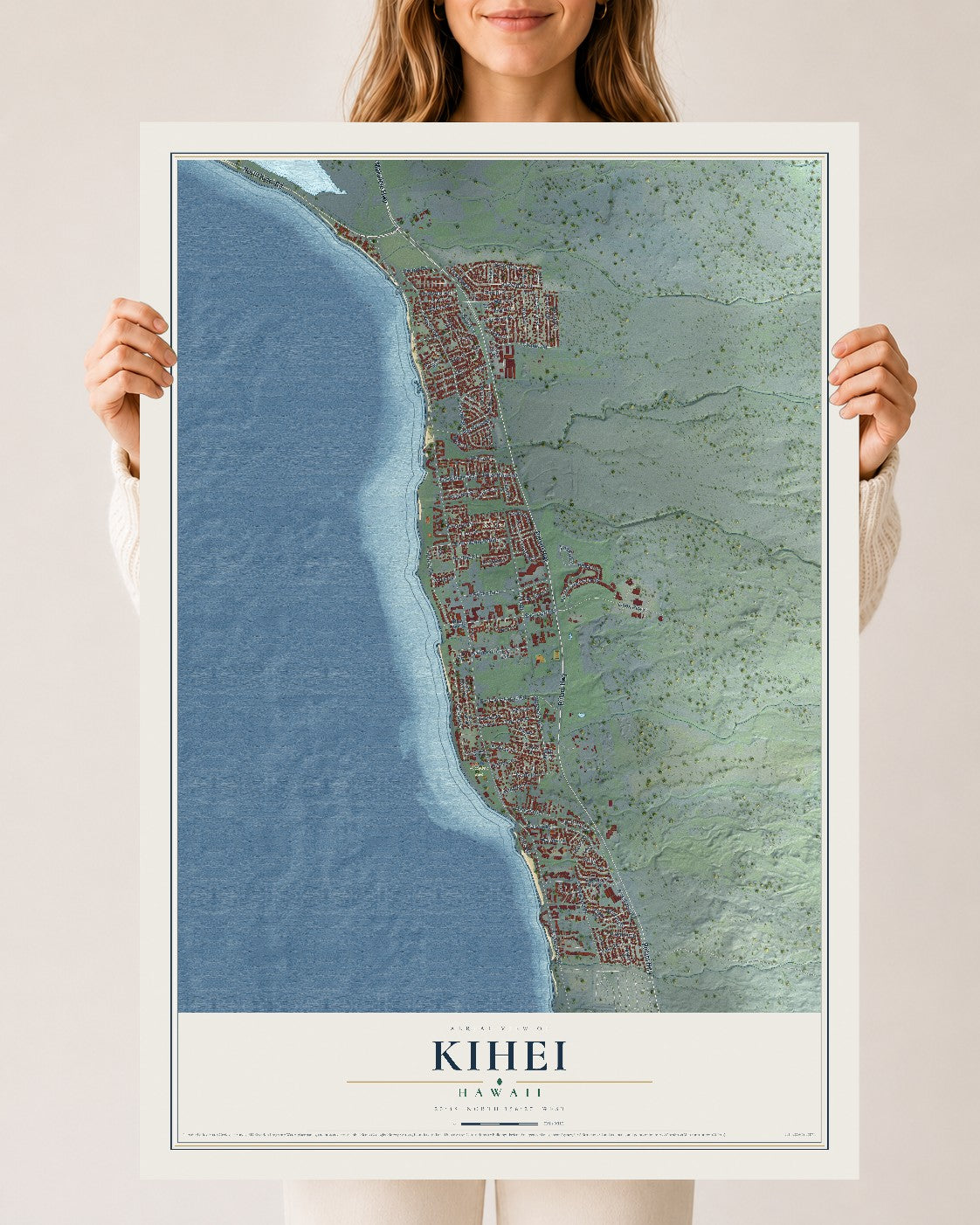 Map of Kihei, Hawaii, 24 x 36 inch unframed archival matte print