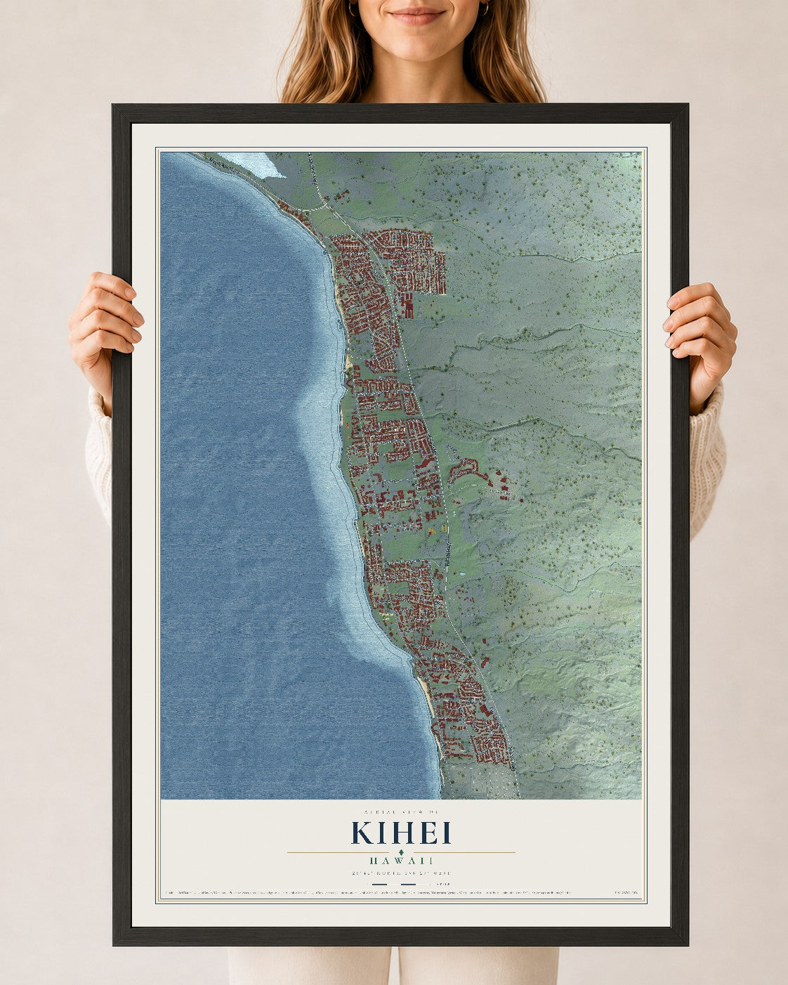 Map of Kihei, Hawaii, 24 x 36 inch print in a black wood frame