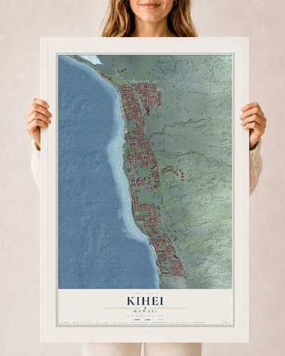 Map of Kihei, Hawaii, 24 x 36 inch print in a white wood frame