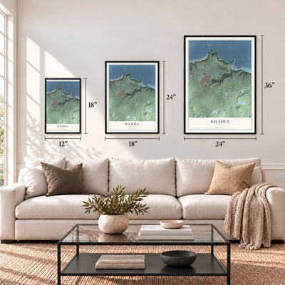 Kilauea, Hawaii map in 12 x 18, 18 x 24 and 24 x 36 inch sizes above a sofa