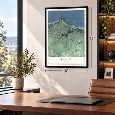 Kilauea, Hawaii map, 18 x 24 inch print in a black frame in a home office