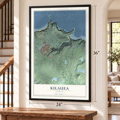 Kilauea, Hawaii map, 24 x 36 inch print in a black frame by a staircase