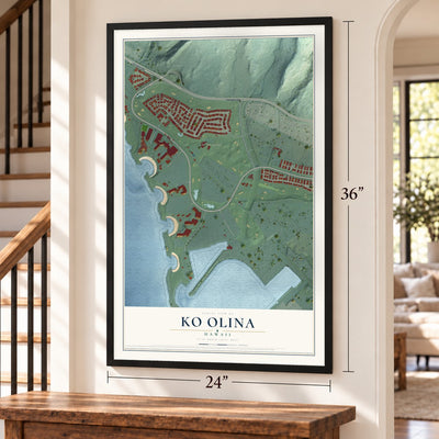 Ko Olina, Hawaii map, 24 x 36 inch print in a black frame by a staircase